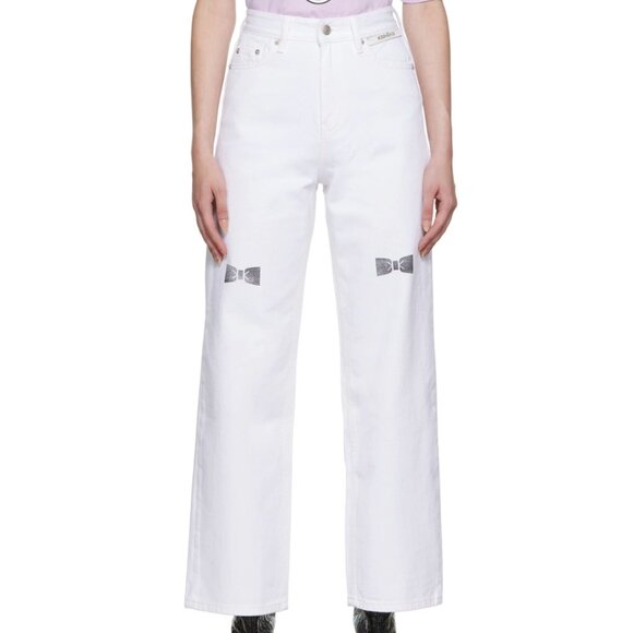 KIMHĒKIM White Bow Stamped Jeans - Picture 1 of 8